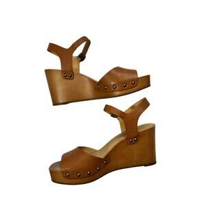 Lucky Brand Brown Leather Platform Wedge Sandals Ankle Strap Size 7.5